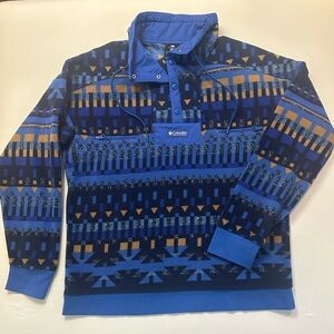 Columbia Men’s ski Quarter Snap Long Sleeve Blue and tan Aztec Pull Over Size M
